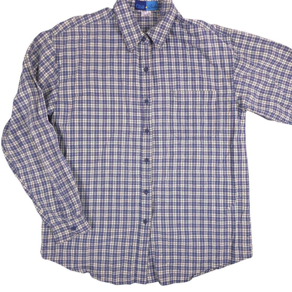 Club Soda Womens Blue/White Plaid Button-Up Shirt M 100% Cotton Shah Safari
